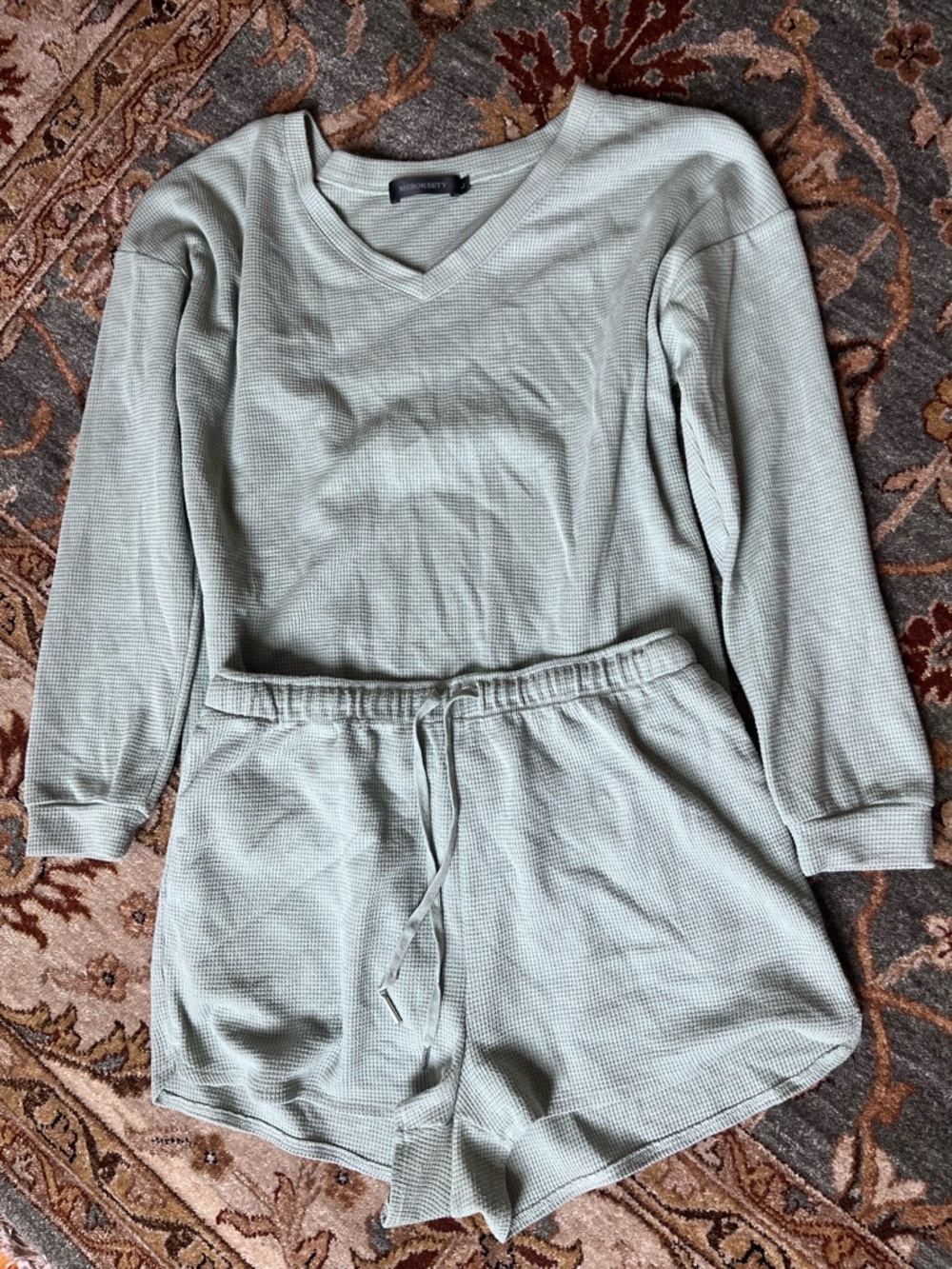 Waffle-Knit V-Neck Pajama Set - Light Sage